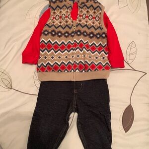 Carter’s 3-piece Red Long Sleeve Bodysuit, Brown Vest, & Denim Pants Boys 12 mo